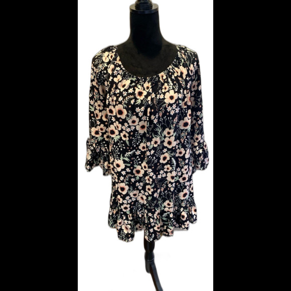 Terra & Sky Tunic Blouse Plus Size 2X Floral Print Ruffle Hem Bell Sleeve Boho - Picture 2 of 10